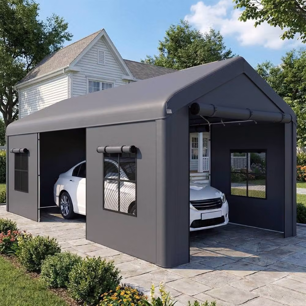 OUTSUNNY Heavy Duty Gable Carport with 3 Doors and Windows, Dark Grey, W: 600 cm, D: 300 cm, H: 282 cm – 2