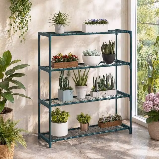 STILVORA 4 Tier Metal Plant Stand with Grid Shelves in Matt Green – 1