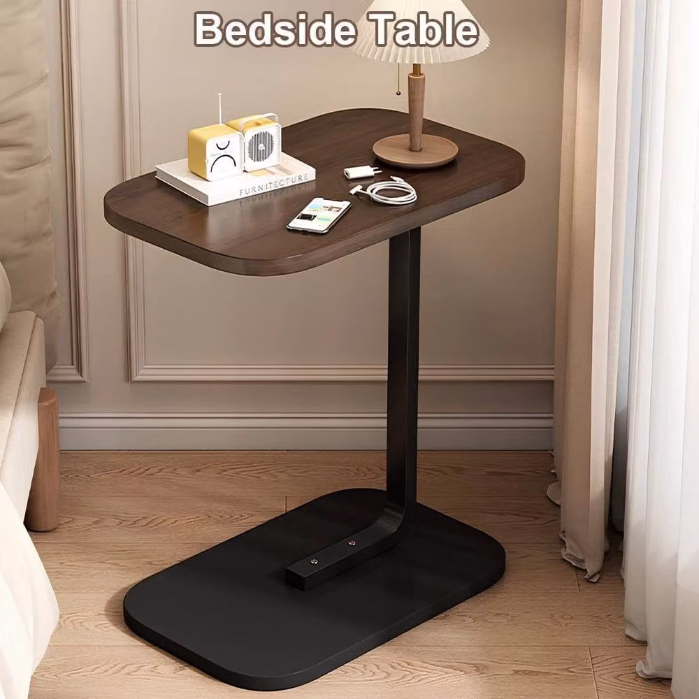 PAWNORA Black Walnut C Shape Sofa End Table, Black and Brown Industrial Wood and Metal Laptop Coffee Desk – 1