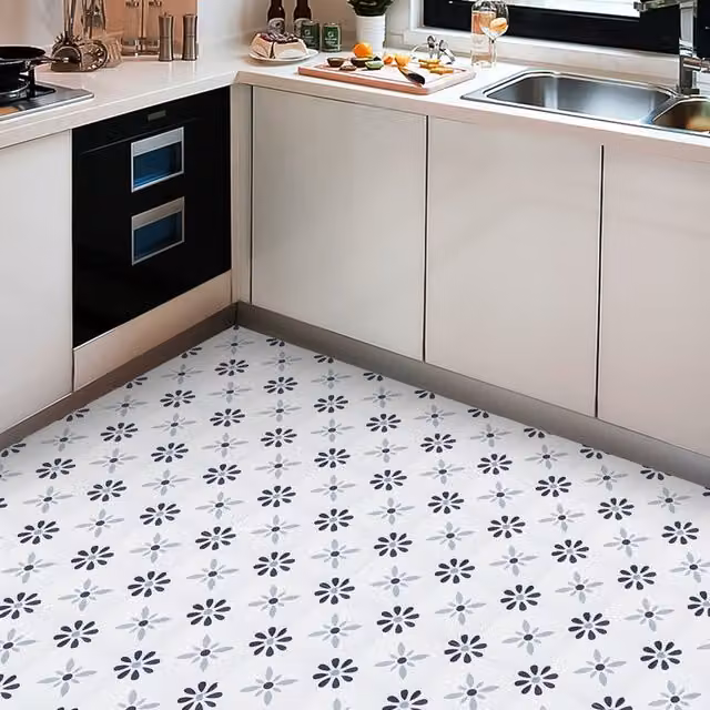 Livingandhome Self-Adhesive Floral PVC Flooring Tiles, Grey and White, W: 20 cm x L: 20 cm
