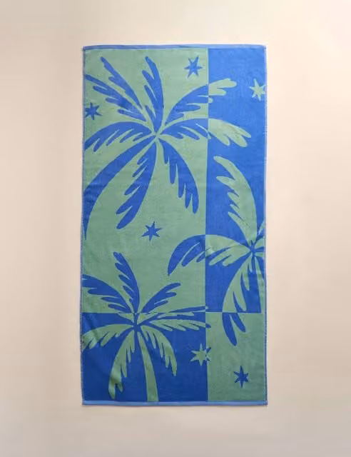 M&S Blue Mix Pure Cotton Palm Tree Graphic Beach Towel