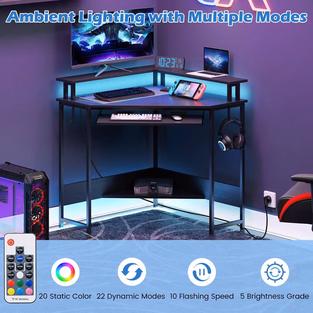 Costway Black Triangle Corner Gaming Desk with Charging Station and LED Lighting – 3