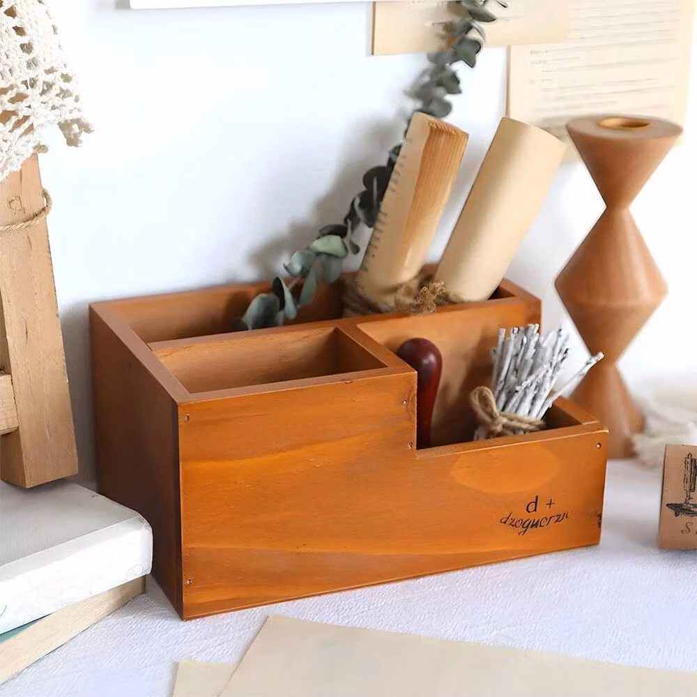 EONLION B Brown Solid Wood Multi-Compartment Desktop Pen and Pencil Holder – 3