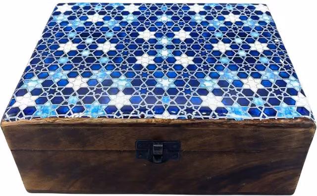KDMK Blue Geometric Ceramic and Wood Storage Box with Lid W/D/H: 20 x 15 x 7.5 cm
