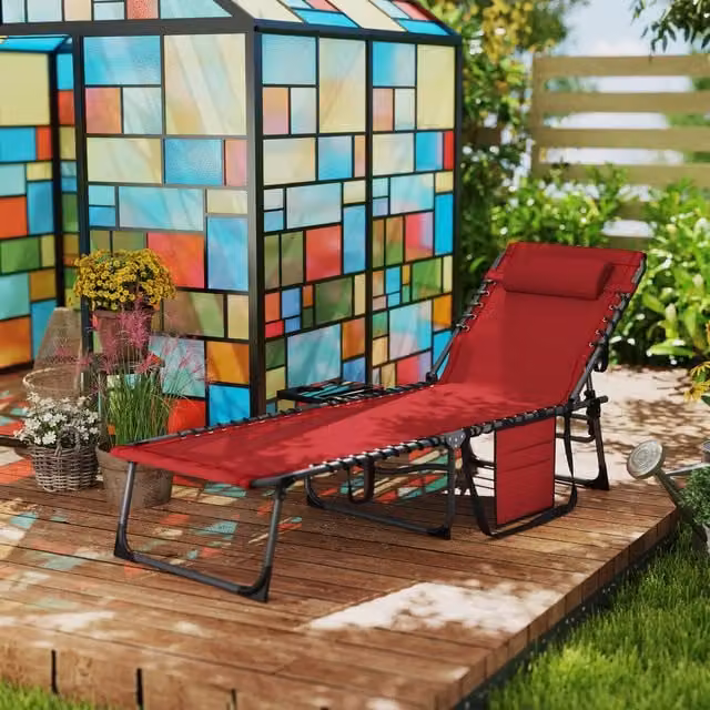 Outsunny Reclining Folding Sun Lounger with Side Table in Red