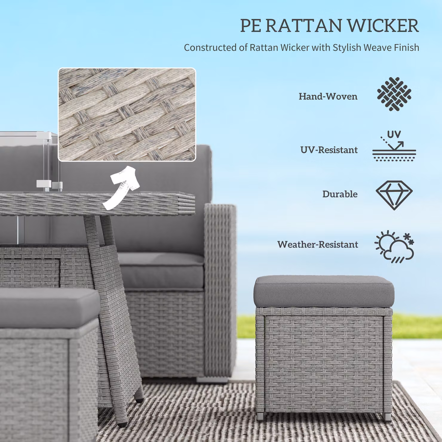 Outsunny 7 Piece Grey PE Rattan Garden Furniture Set with 50,000 BTU Gas Fire Pit Table, Double Corner Sofa and 3 Footstools – 3