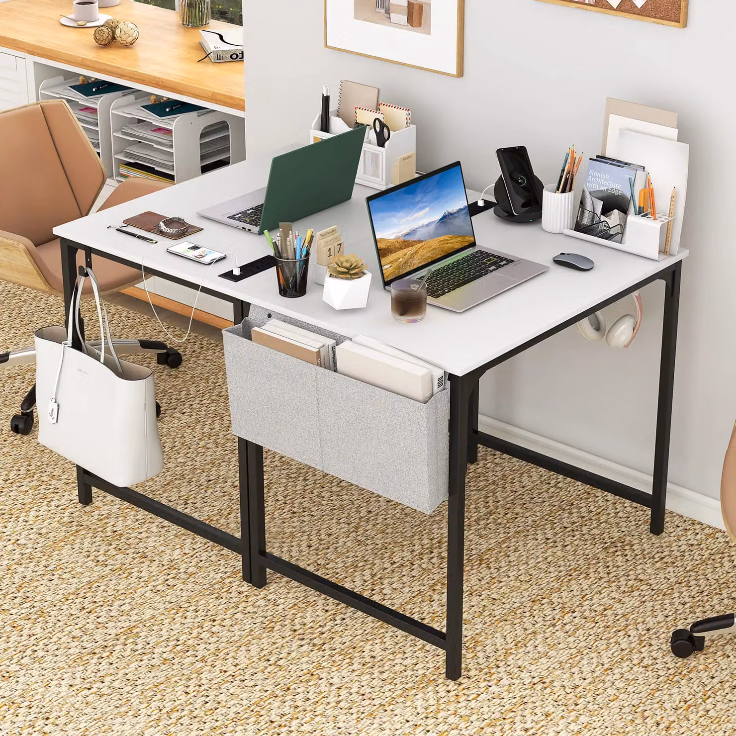 Costway Modern White Computer Desk with Charging Station for Home Office – 5
