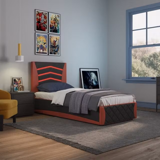 SlumberWorx Single Ottoman Storage Bed Frame with LED Headboard in Black and Red