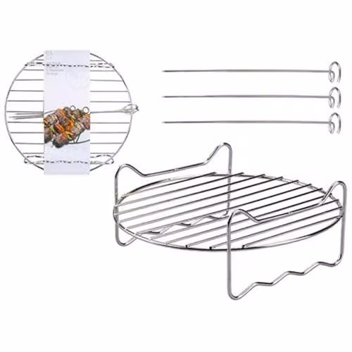 PMS Non-Stick Silver Metal Air Fryer Rack with 3 Skewers, W/D/H: 19 x 19 x 5 cm