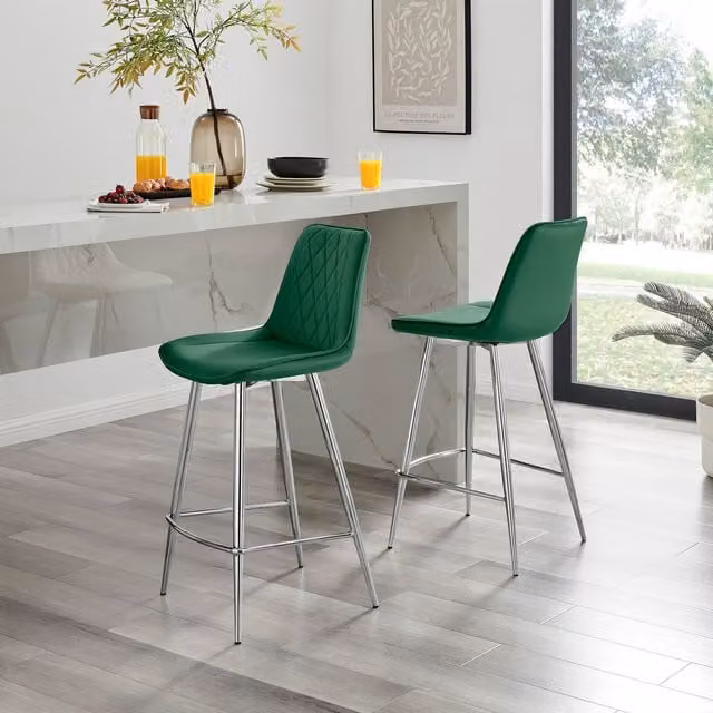 FurnitureboxUK Set of 2 Pesaro Green Velvet Upholstered Kitchen Breakfast Bar Chairs with Silver Metal Legs