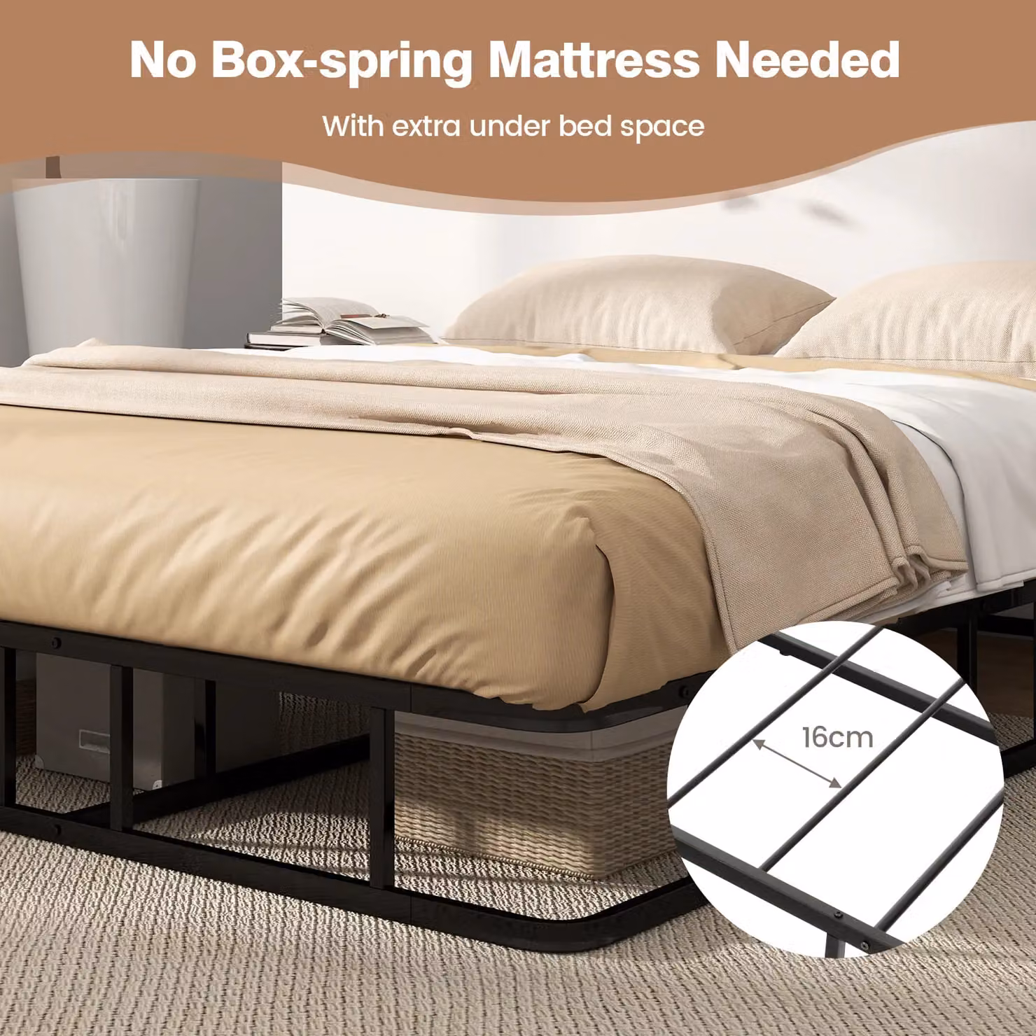 Gymax King Size Metal Platform Bed Frame and Mattress Foundation in Black, W/D/H: 180 x 200 cm – 6