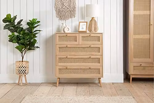 Birlea Croxley Mid Century Modern 5 Drawer Rattan and Oak Chest of Drawers in Brown and Gold – 2