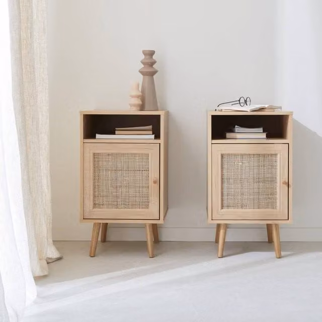 sweeek Pair of Scandi-style Bedside Tables with Rattan Cupboard in Light Brown – 1