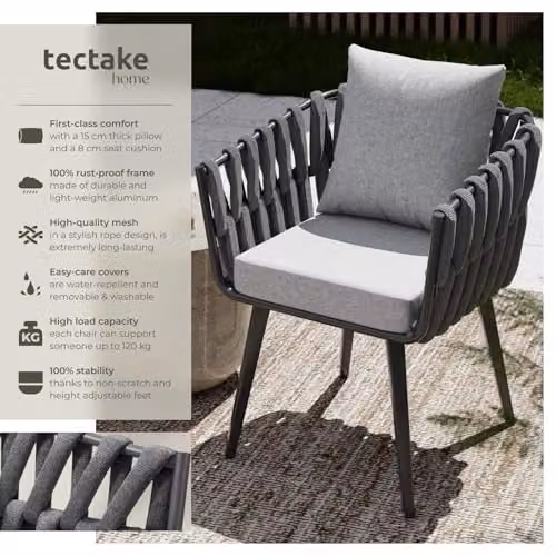 tectake Lugano Armchair in Rope Design with Aluminium Frame in Grey – 3