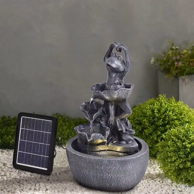 Livingandhome Solar LED Waterfall Fountain, Grey Resin Round Cascade Water Feature