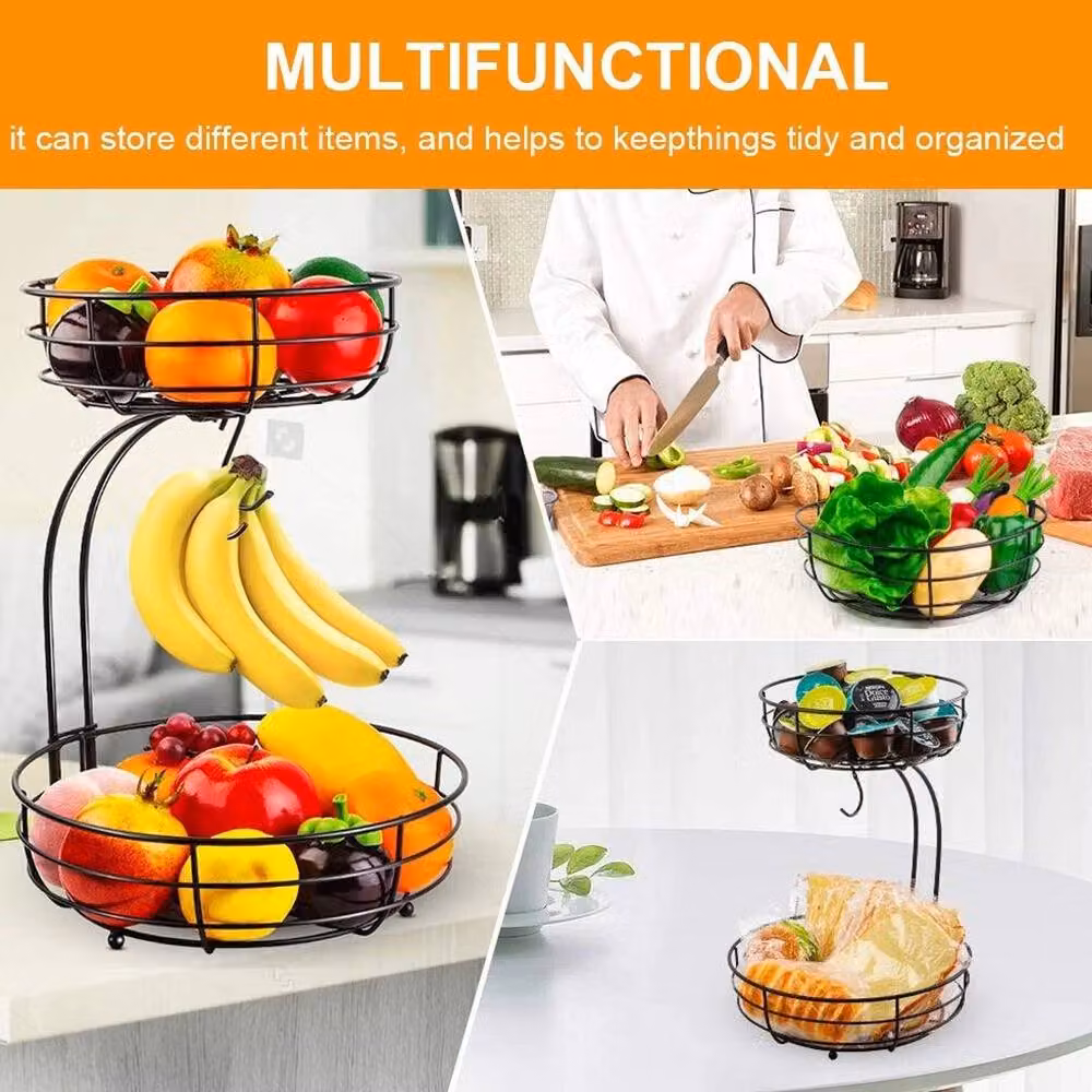 Kelvenix 2-Tier Metal Fruit Basket with Banana Hanger in Black – 4