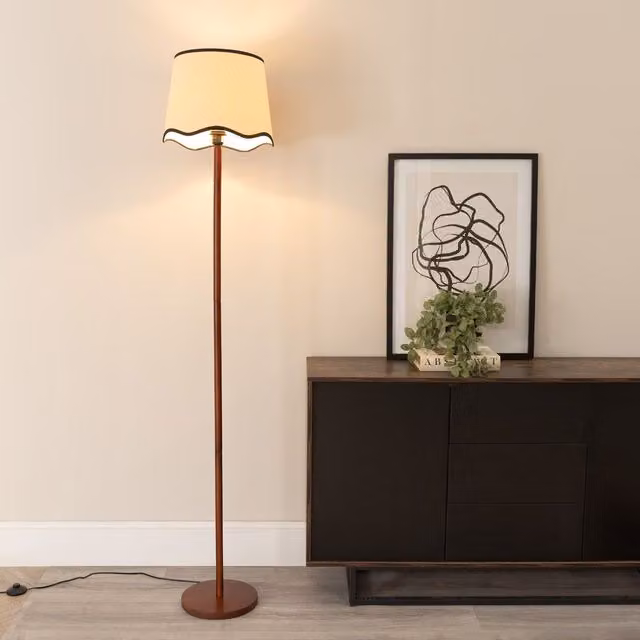 ValueLights Heather Dark Wood Stem Floor Lamp with Scallop Edge Tapered Shade and LED Bulb in Black – 1