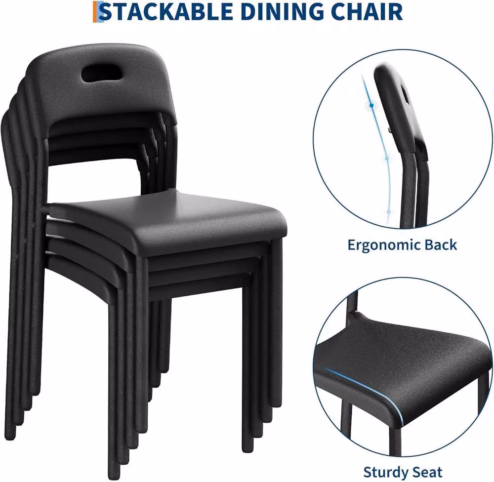 London Boutique Set of 2 Modern Stackable Black Plastic and Metal Kitchen Side Chairs – 3