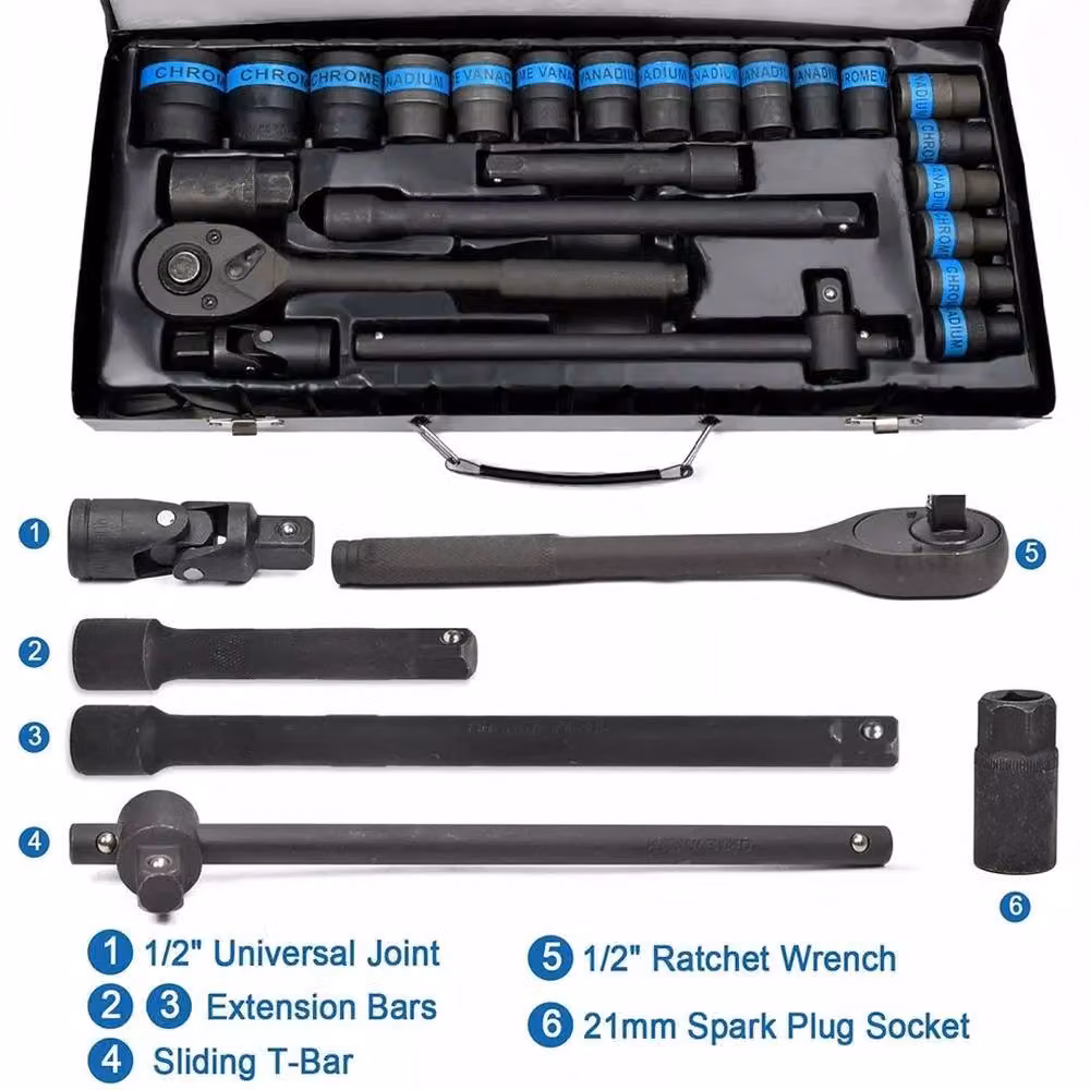 FLAVORA Heavy Duty 1/2 inch Ratchet Wrench Socket Set in Black – 4