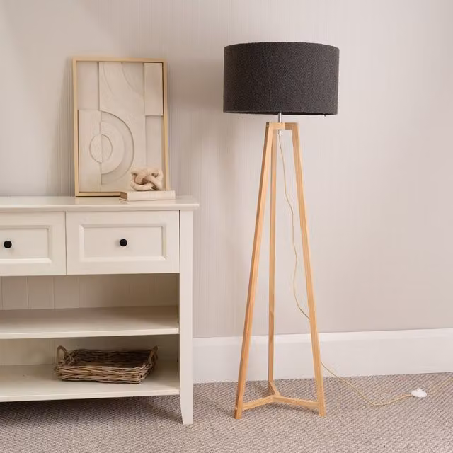 ValueLights Lottie Natural Wood Floor Lamp with Fabric Shade in Grey