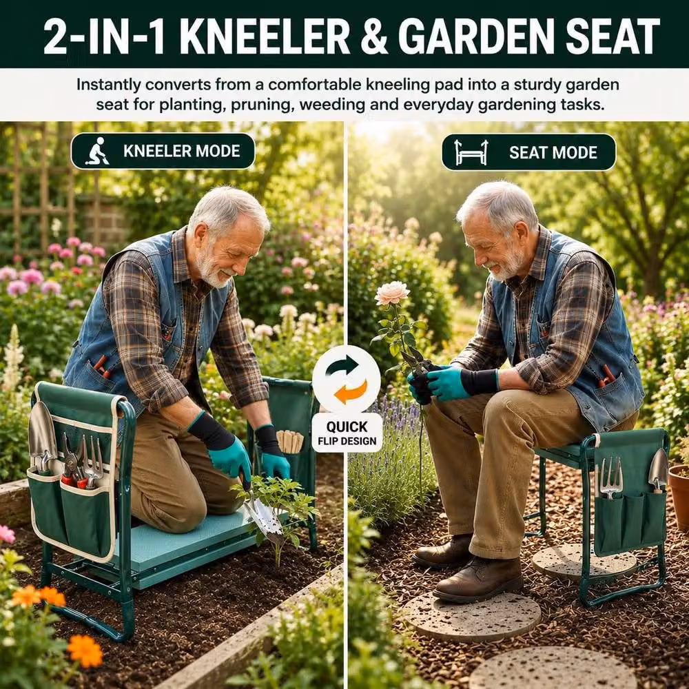 KORVIXA 2-in-1 Folding Padded Garden Kneeler and Seat with Tool Bag in Green – 5