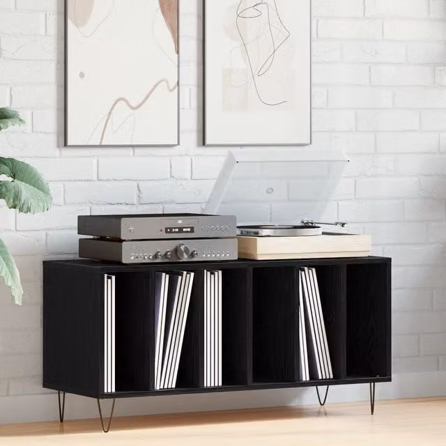 Berkfield Home Modern Black Oak Record Cabinet with Media Compartments, W/D/H: 100 x 38 x 48 cm – 1