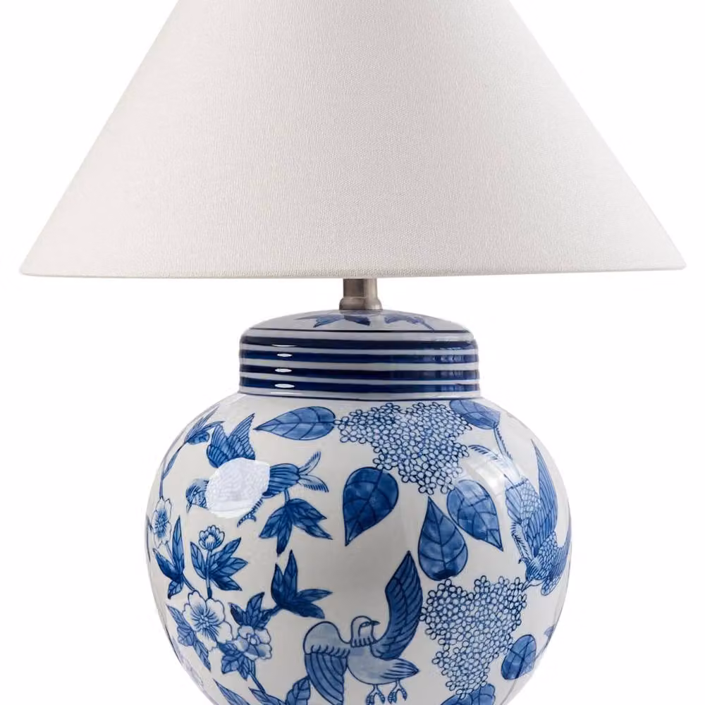 Wyld and Coco Porcelain Table Lamp with White and Blue Floral Ceramic Base and White Fabric Shade – 2