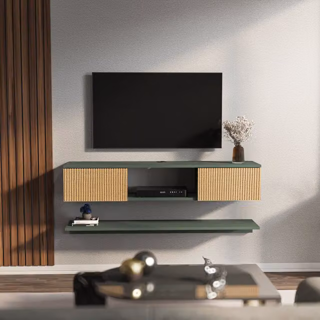 Decorotika Elia Floating TV Unit with Accent Shelf in Silva Green and Rattan Pattern