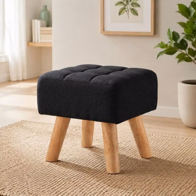 STILVORA Modern Black Fabric Footstool with Wooden Legs
