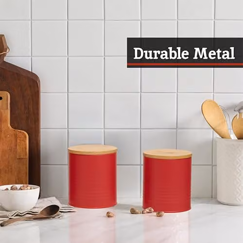 Orsina Set of Three Airtight Metal Kitchen Canisters with Bamboo Lids in Red and Grey – 5