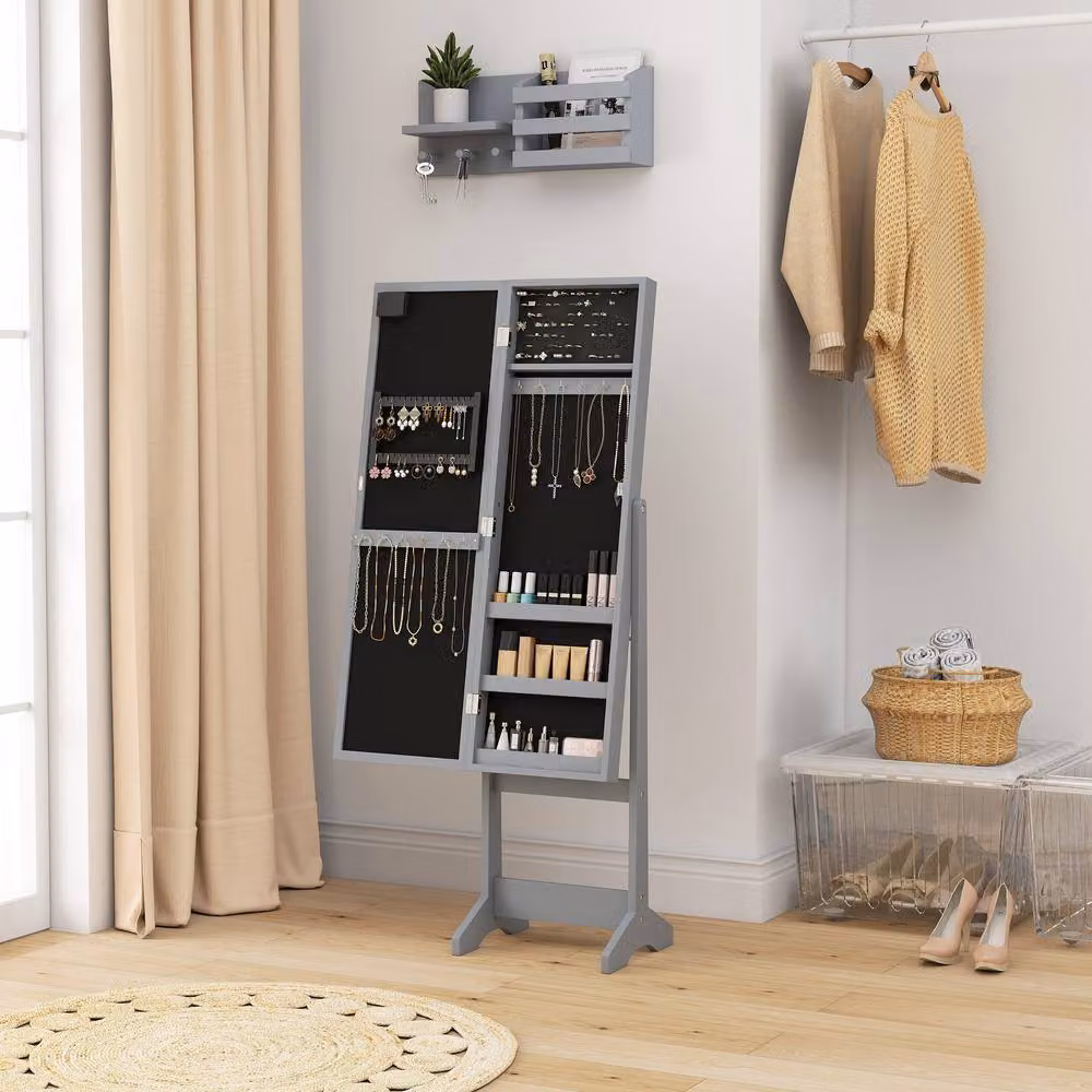 STILVORA Grey Jewellery Storage Cabinet with LED Mirror and Internal Shelves – 3