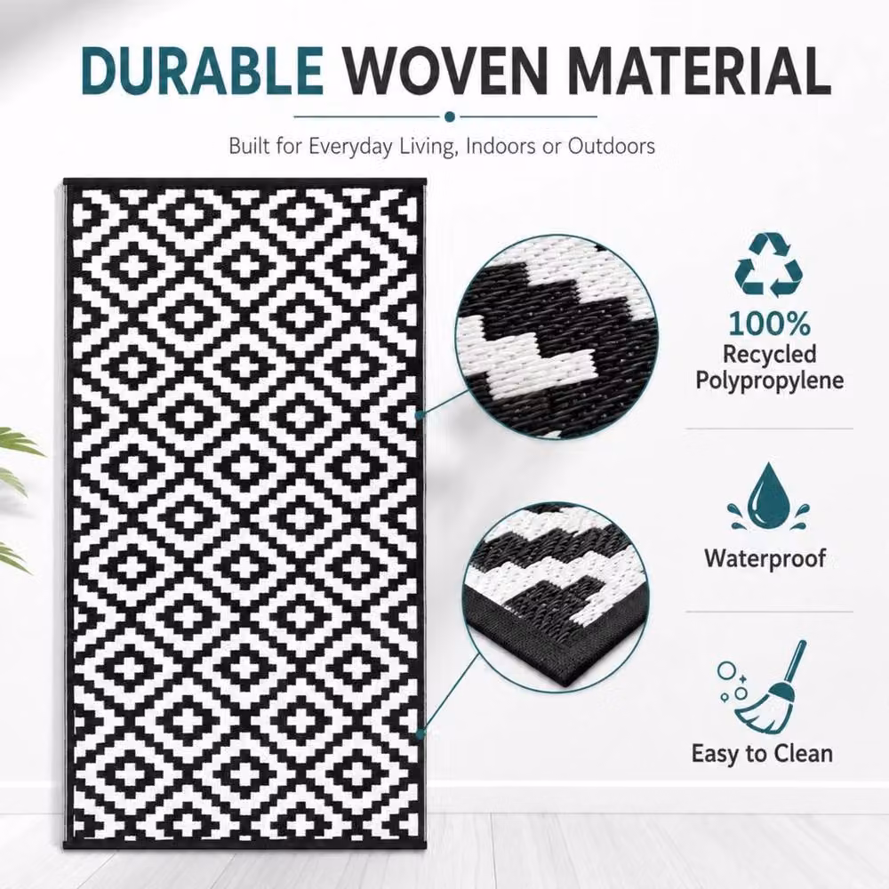 PAWNORA Reversible Semicircular Outdoor Patio Rug in Black and White, W/D: 120 x 180 cm – 3