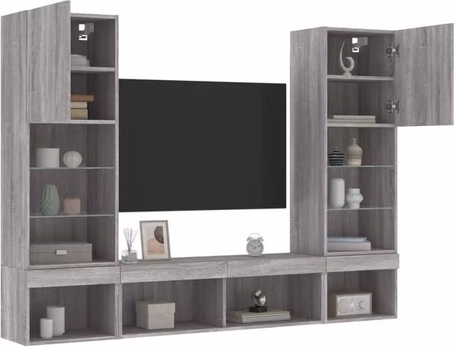 Berkfield Home 5 Piece Modern Grey Sonoma TV Wall Unit with Integrated LED Lighting and MDF Construction – 1