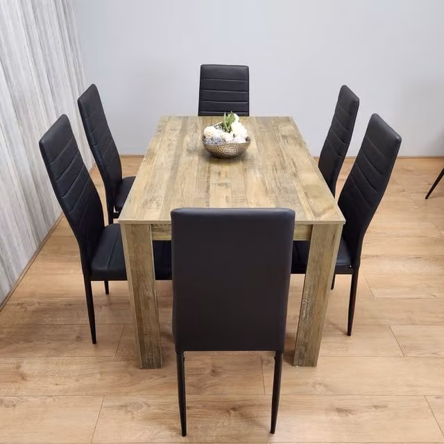 Kosy Koala Rustic Dining Set with Rectangular Table and 6 Black Metal Chairs in Brown and Black