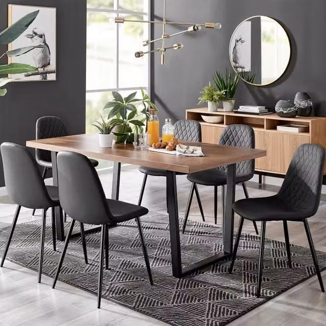 FurnitureboxUK Kylo Brown Wood Effect Rectangular Dining Table and 6 Corona Black Faux Leather Chairs
