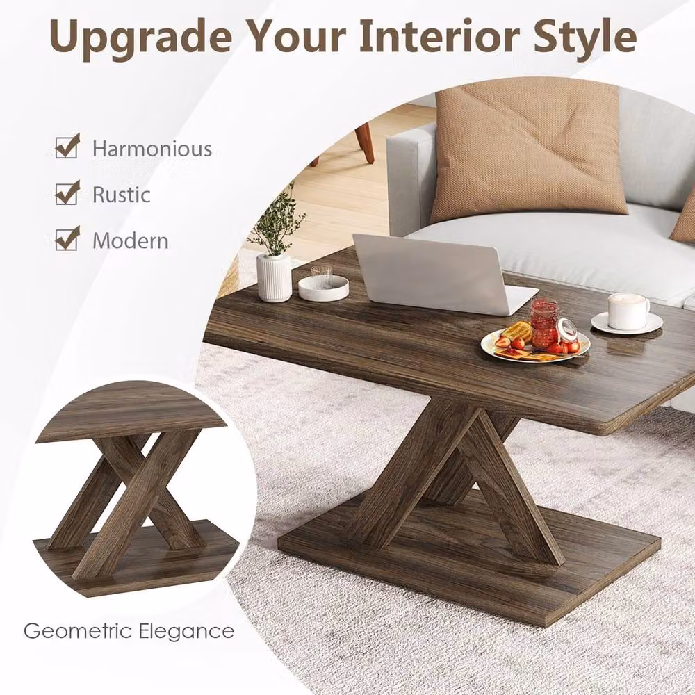 VOGREX Modern Rectangular Coffee Table in Brown Rubberwood with X-Frame Base, Width: 95 cm – 4