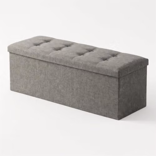 Harbour Housewares Foldable Grey Linen Storage Ottoman Bench, W/D/H: 111 x 37 x 39 cm – 1