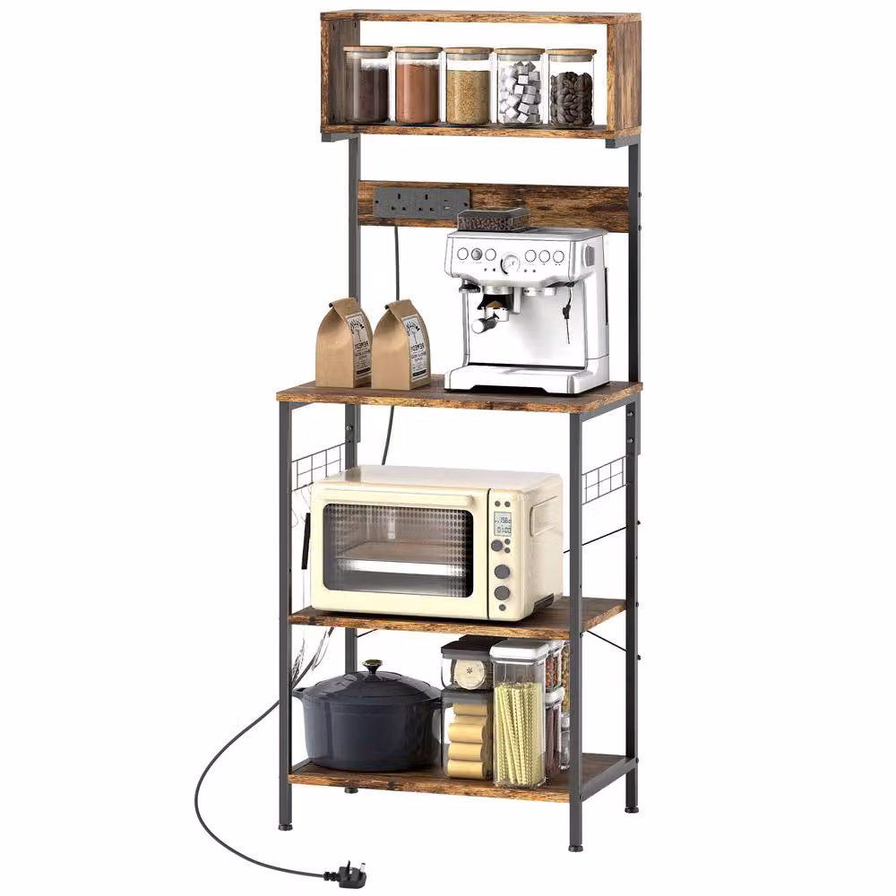 STILVORA Industrial Kitchen Storage Unit with USB and Hooks in Brown – 4