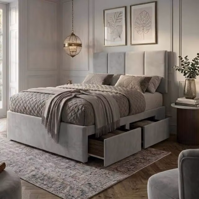 Bed Time UK Plush Velvet Super King Divan Bed with Mattress, 20 Inch Vertical Headboard and 2 Drawers in Silver Grey