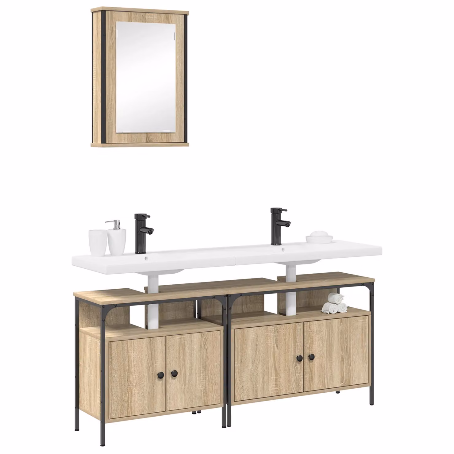 Berkfield Home 3 Piece Modern Wall Mounted Bathroom Cabinet Set in Beige and Black with Mirror and Internal Shelves – 2
