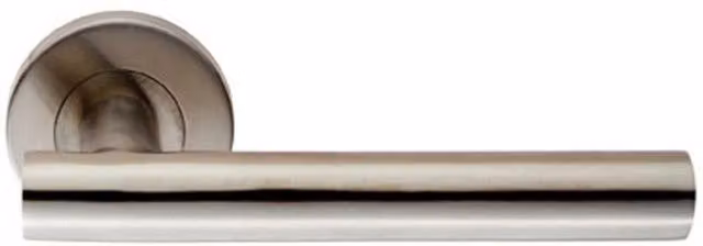 Loops Pair of Straight Round T-Bar Handles on Round Rose in Brushed Satin Steel, Silver