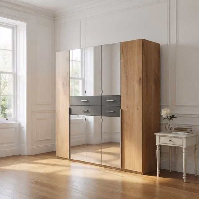 Denver 5 Door Wardrobe in Planked Oak and Graphite with Mirror, Width: 225 cm
