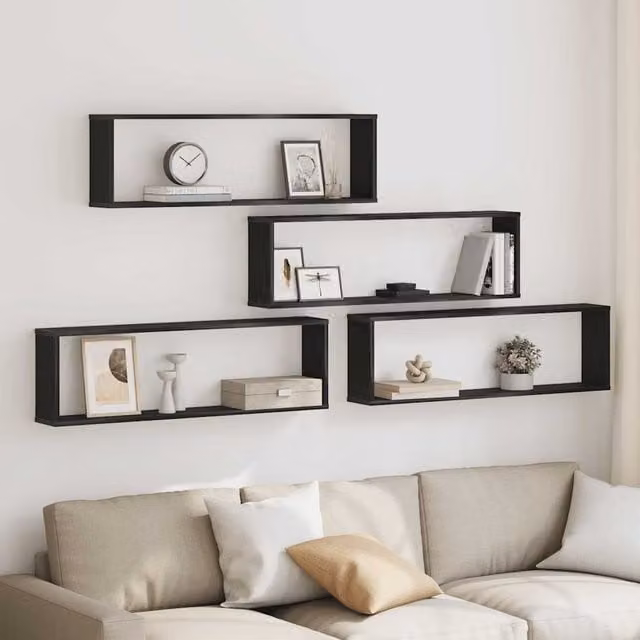 Berkfield Home Wall Mounted Cube Shelves, 4 Piece Set in Black Oak, W/D/H: 100 x 30 x 15 cm