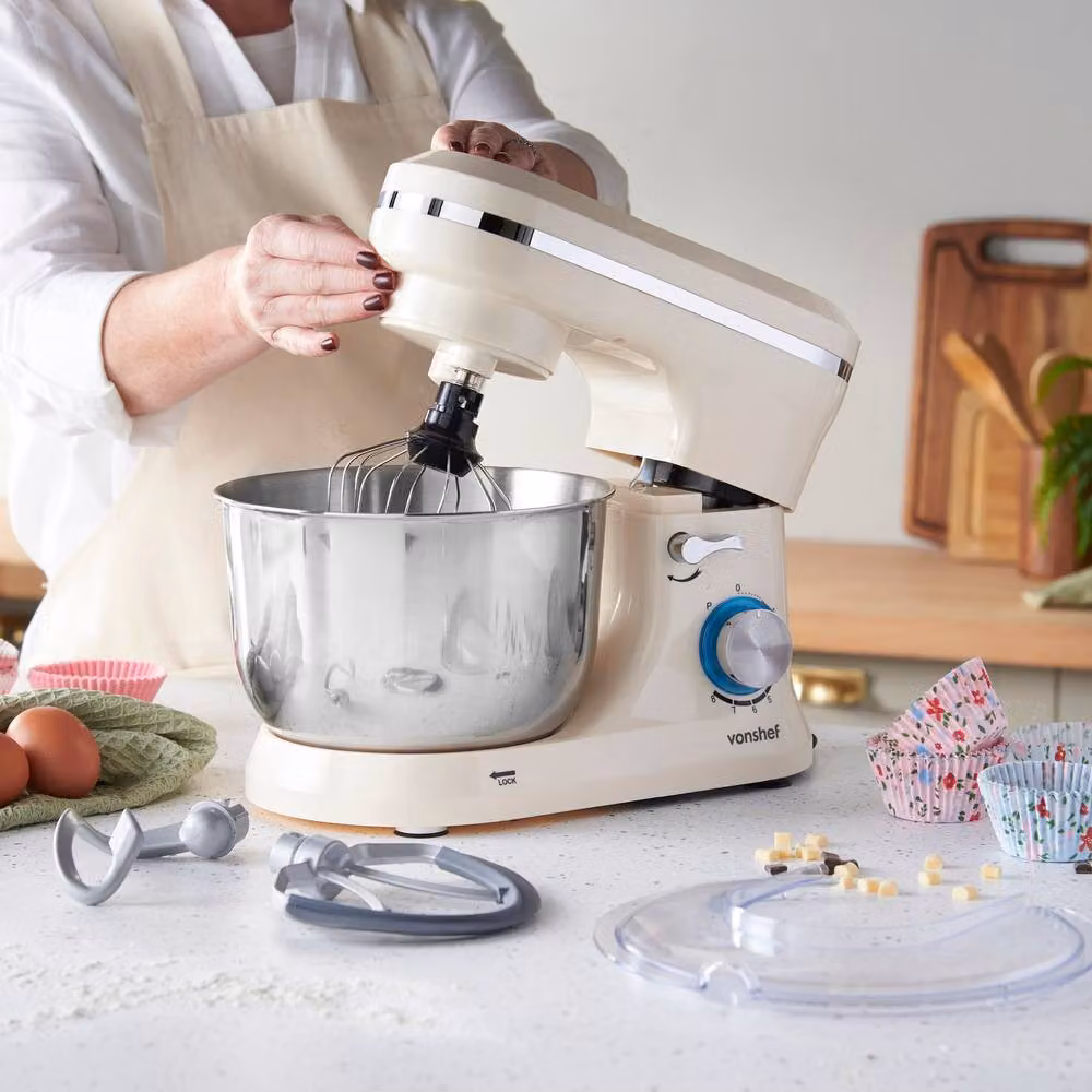 VonShef 1000W Electric Food Stand Mixer with 4.5L Bowl and 3 Attachments in Beige – 5