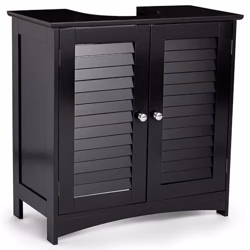 VonHaus Shrewsbury Freestanding Under Sink Bathroom Cabinet with Roll Shutter Doors and Internal Shelves, Black – 1
