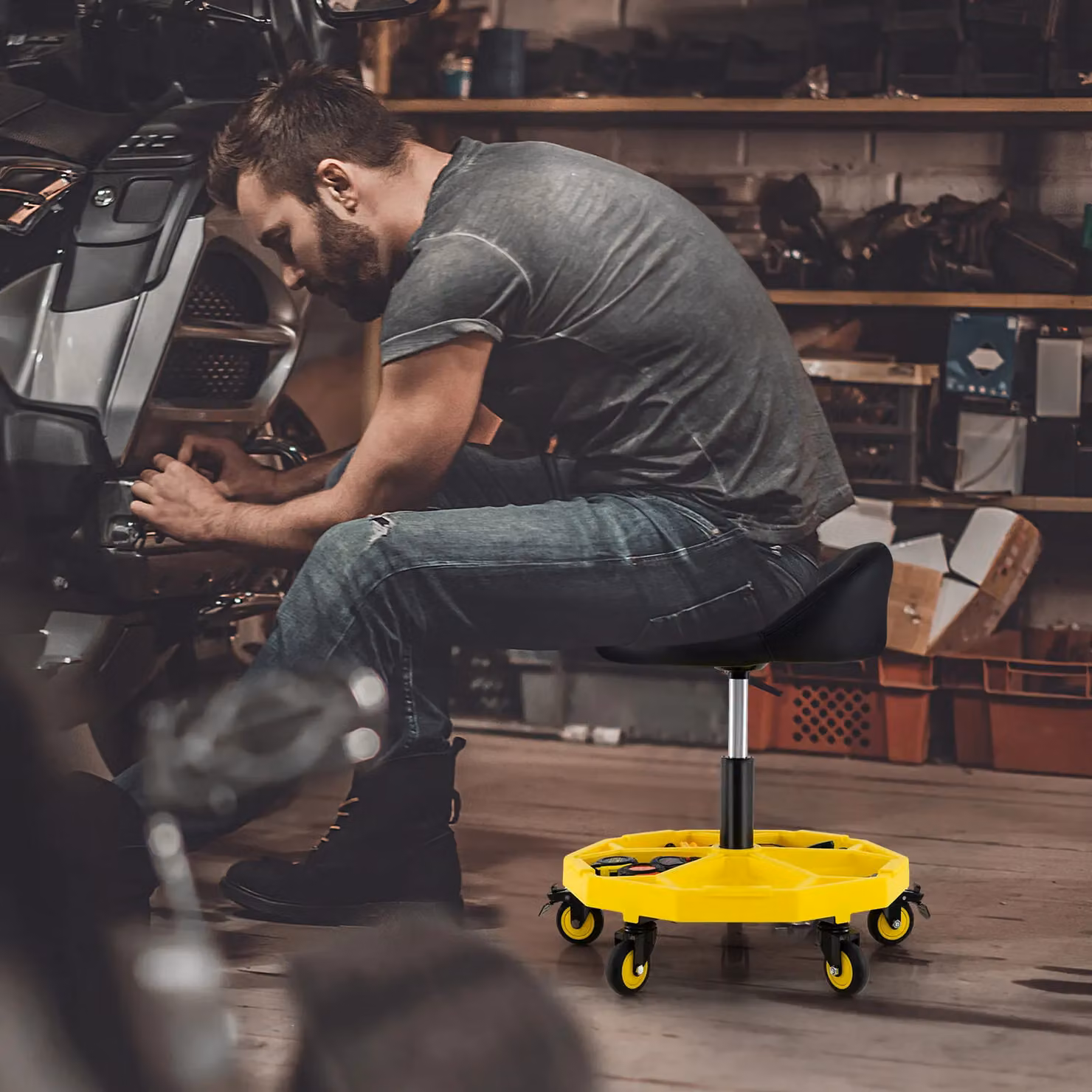 Costway Adjustable Rolling Mechanic Garage Stool in Yellow – 6