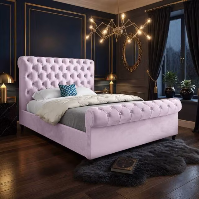 KDMD Tittleshall Sleigh Upholstered Designer Bed Frame in Pink Soft Velvet, Super King, W/D/H: 200 x 189 x 119 cm