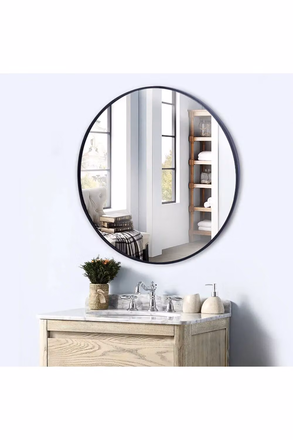 Living and Home Nordic Round Wall-Mounted Bathroom Mirror with Black Metal Frame, Diameter: 80 cm – 3