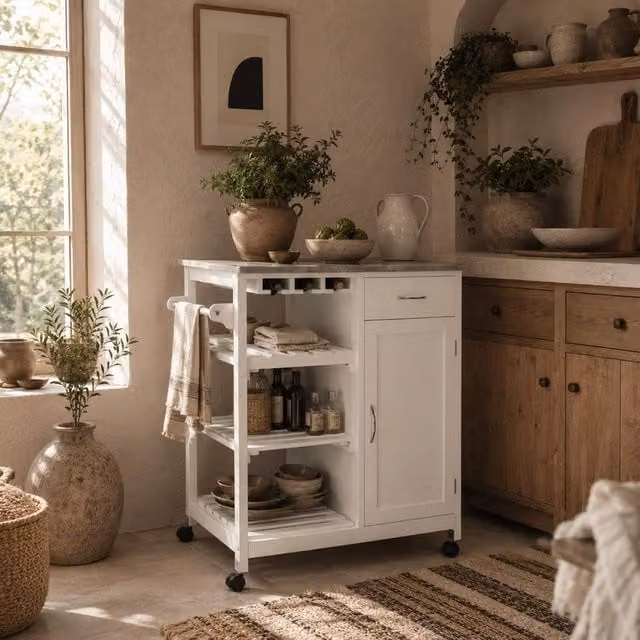 Wyld Haus Sohavi White Compact Kitchen Trolley with Marble Effect Top and Drawer, H 88 cm x W 48 cm x D 76 cm – 1