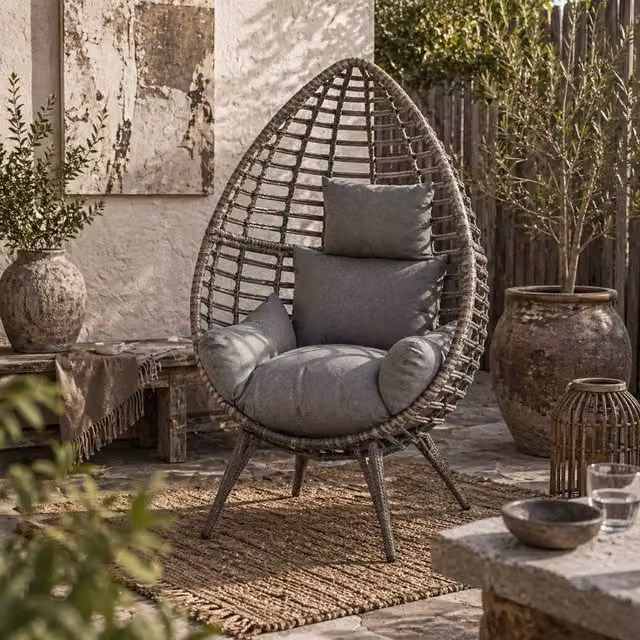 Wyld Haus Luyono Grey Teardrop Rattan Egg Chair with Cushion